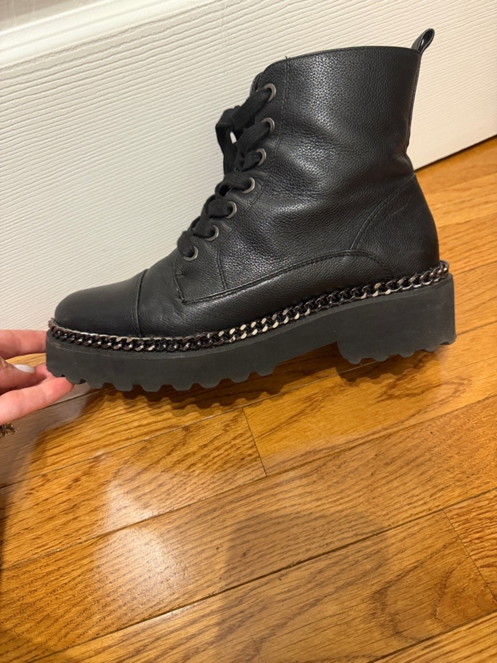 Vince Camuto Black Leather Lace-Up Platform Boot with Chain Trim